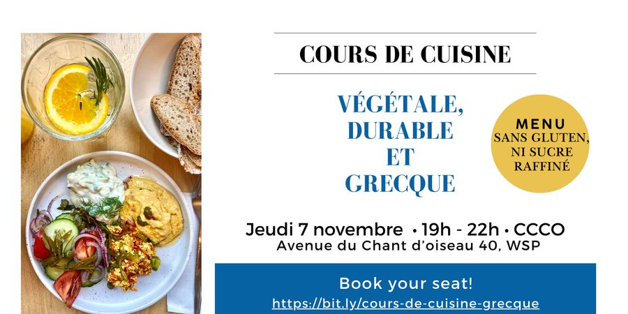 image - Cours de cuisine végétale, durable et grecque - Menu sans gluten, ni sucre raffiné