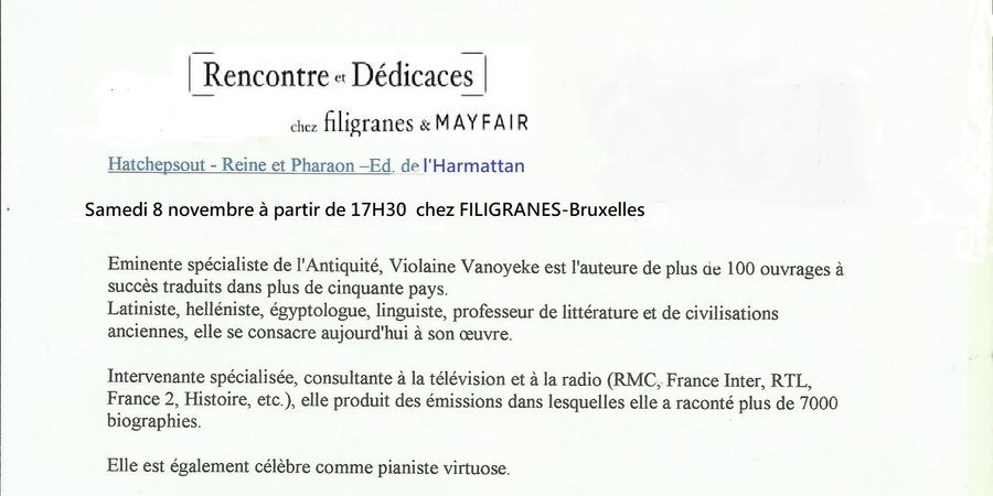 image - Rencontre/signatures avec Violaine VANOYEKE chez FILIGRANES à Bruxelles le 8/11 à 17H30